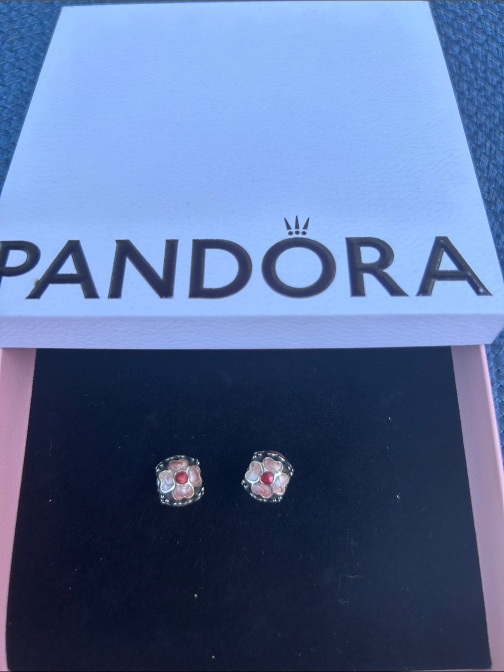 Pandora Silver Flower Stud Earrings with Pink Centers